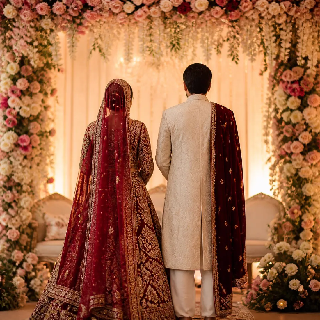 Pakistani bride and groom under a floral wedding arch